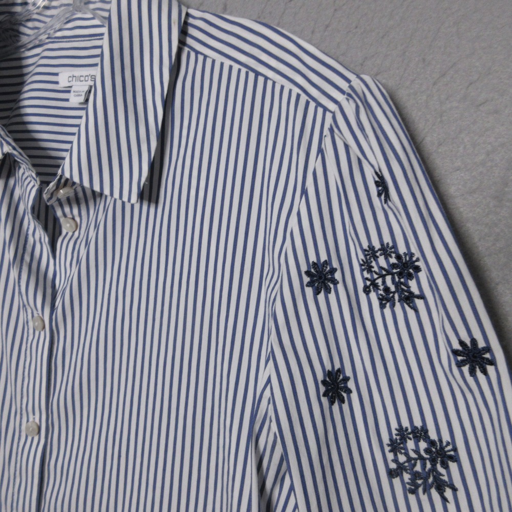 Chicos Top 16 Blue White Stripe Floral Embroidered Nautical Boho Cottage Core - Picture 3 of 9